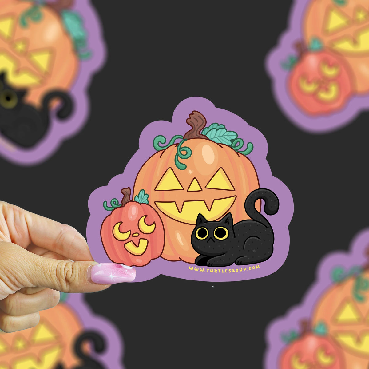 Halloween Black Kitty and Pumpkins Vinyl Sticker